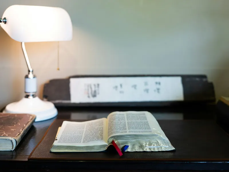 Open books on a library table